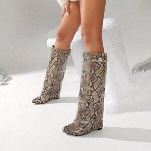 Multicolor Bohemian Women's Pointy Toe Wedge Heel PU Leather Knee High Boots